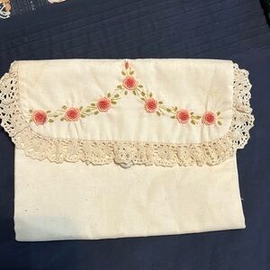 Handmade Jewelry Pouch Hand Embroidered Flowers Crochet Lace Button Closure